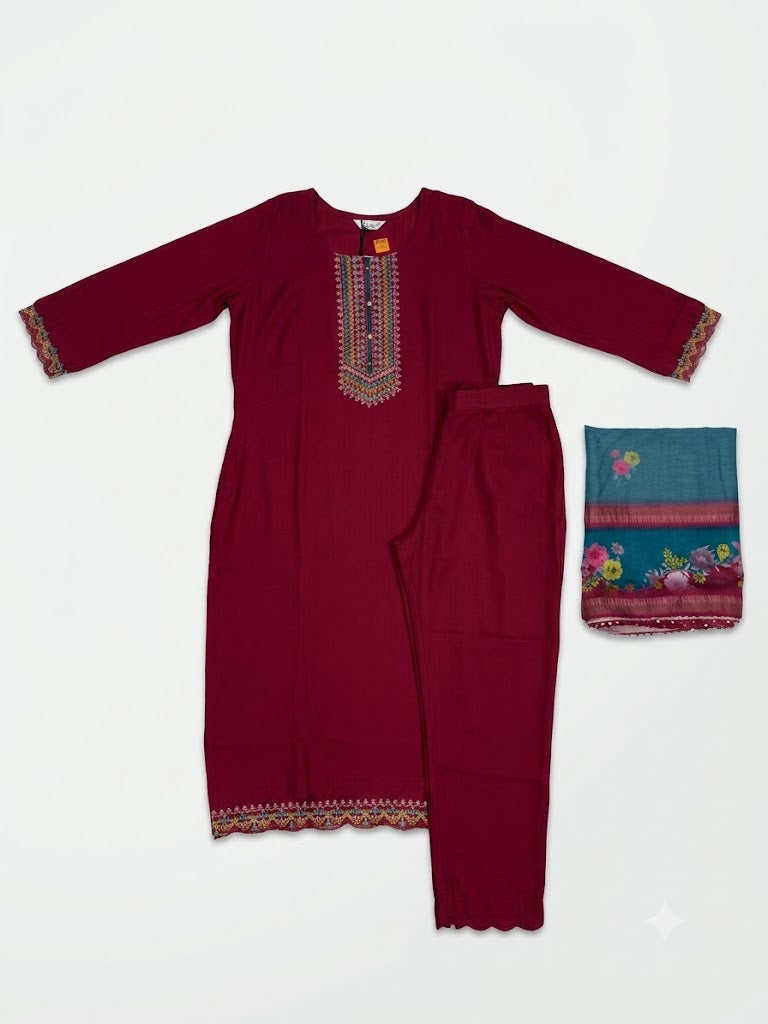 Women's Wine Embroidered Kurta Pant with Floral Printed Dupatta | 3-Piece Ethnic Suit Set