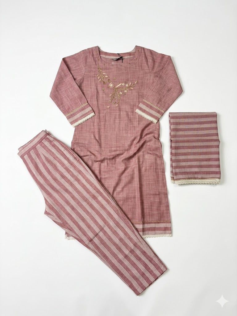 Dusty Pink Embroidered Cotton Kurta Set with Dupatta