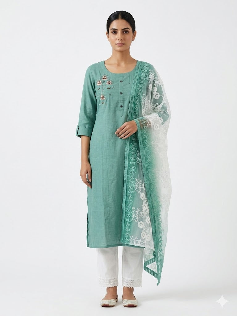 Sea Green Embroidered Cotton Kurta Set with Floral Dupatta