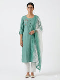 Sea Green Embroidered Cotton Kurta Set with Floral Dupatta