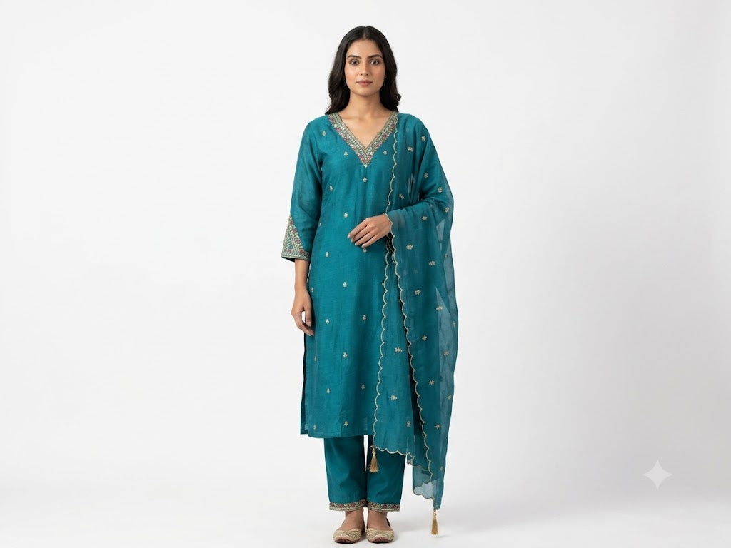 Teal Embroidered Cotton Kurta Set with Dupatta