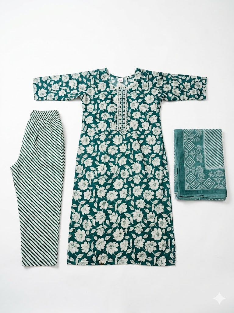 Sage Green Floral Printed Cotton Kurta Set with Dupatta