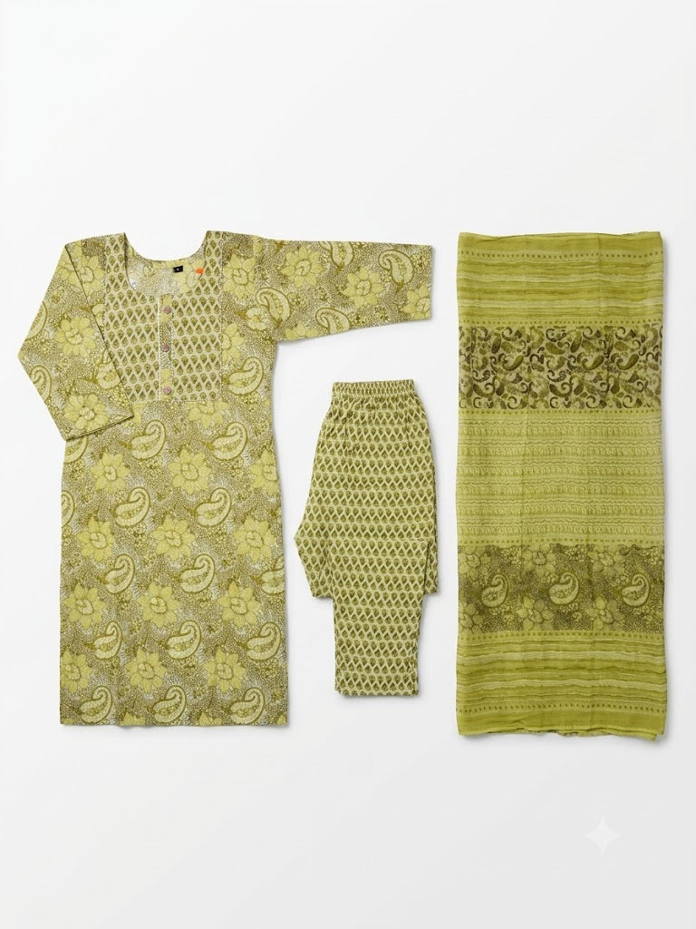 Olive Green Floral Printed Cotton Kurta Set with Dupatta