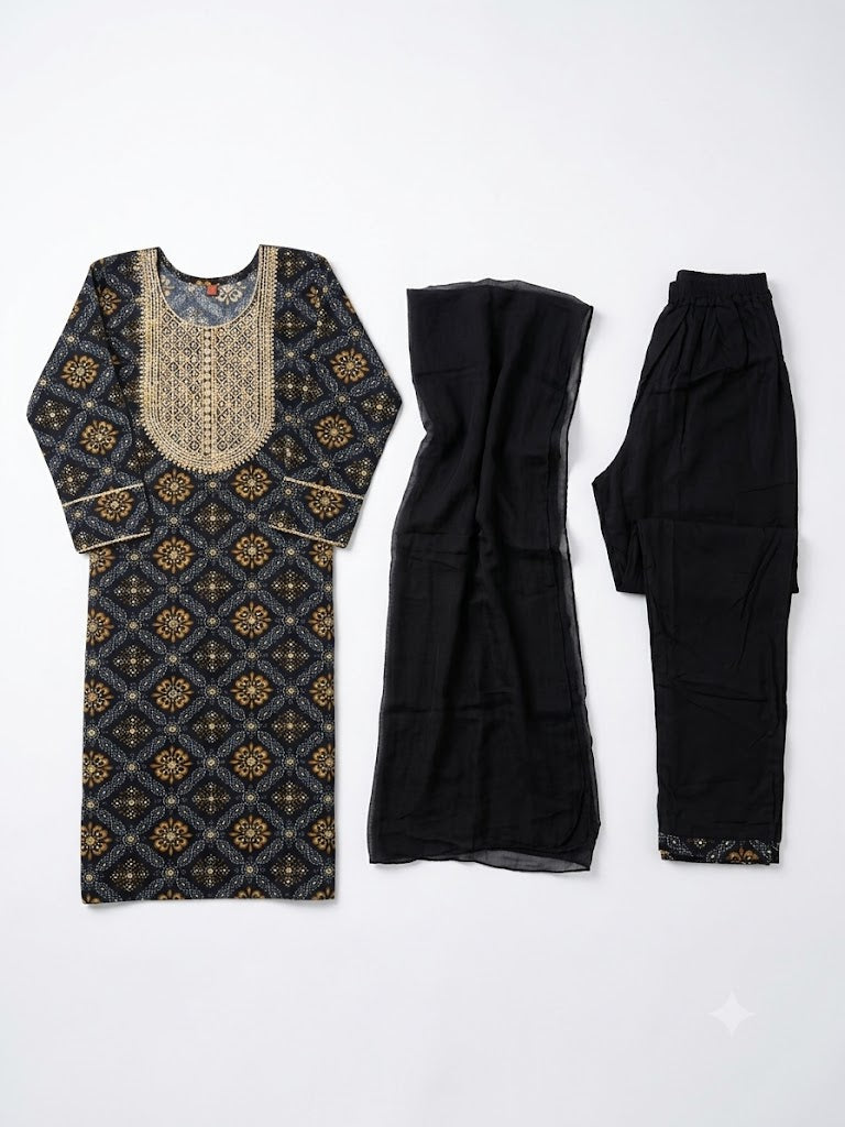 Black Geometric Printed Cotton Kurta Set with Chiffon Dupatta