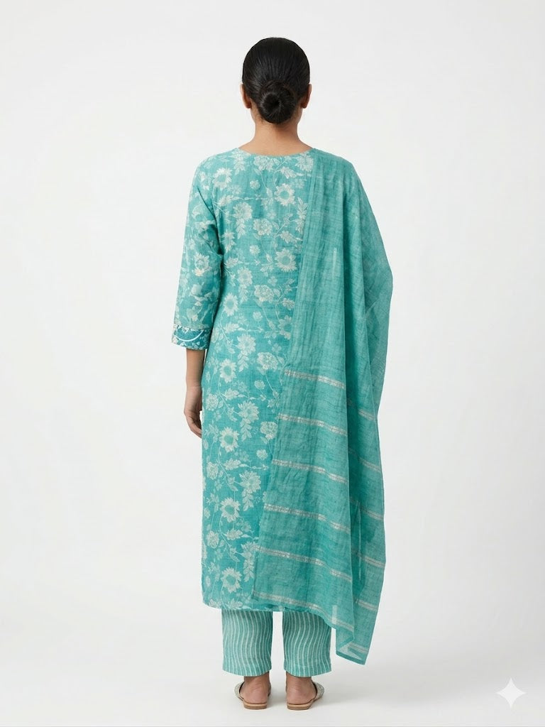 Aqua Blue Floral Printed Cotton Kurta Set with Dupatta