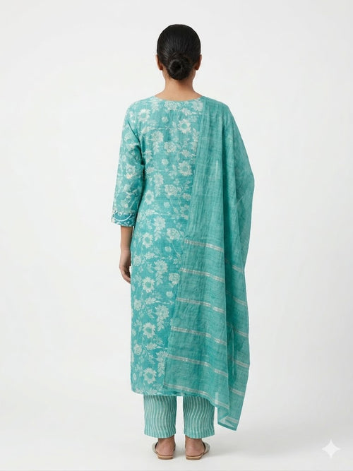 Aqua Blue Floral Printed Cotton Kurta Set with Dupatta