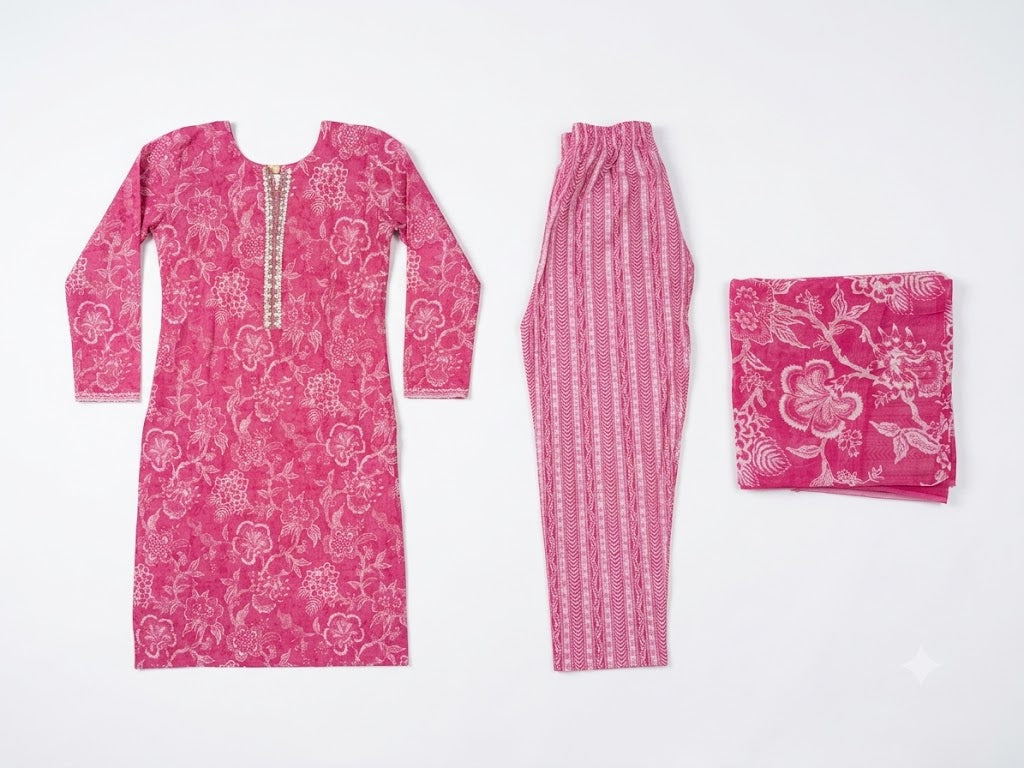 Women Pink Floral Printed Straight Kurta with Pants & Dupatta | Ethnic Kurta Set (3-Piece)