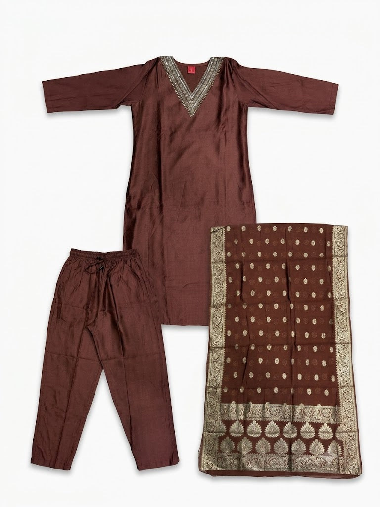 Rust Brown Embroidered Cotton Kurta Set with Jacquard Dupatta