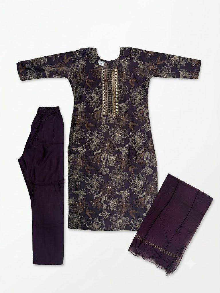 Purple Floral Printed Cotton Kurta Set with Dupatta
