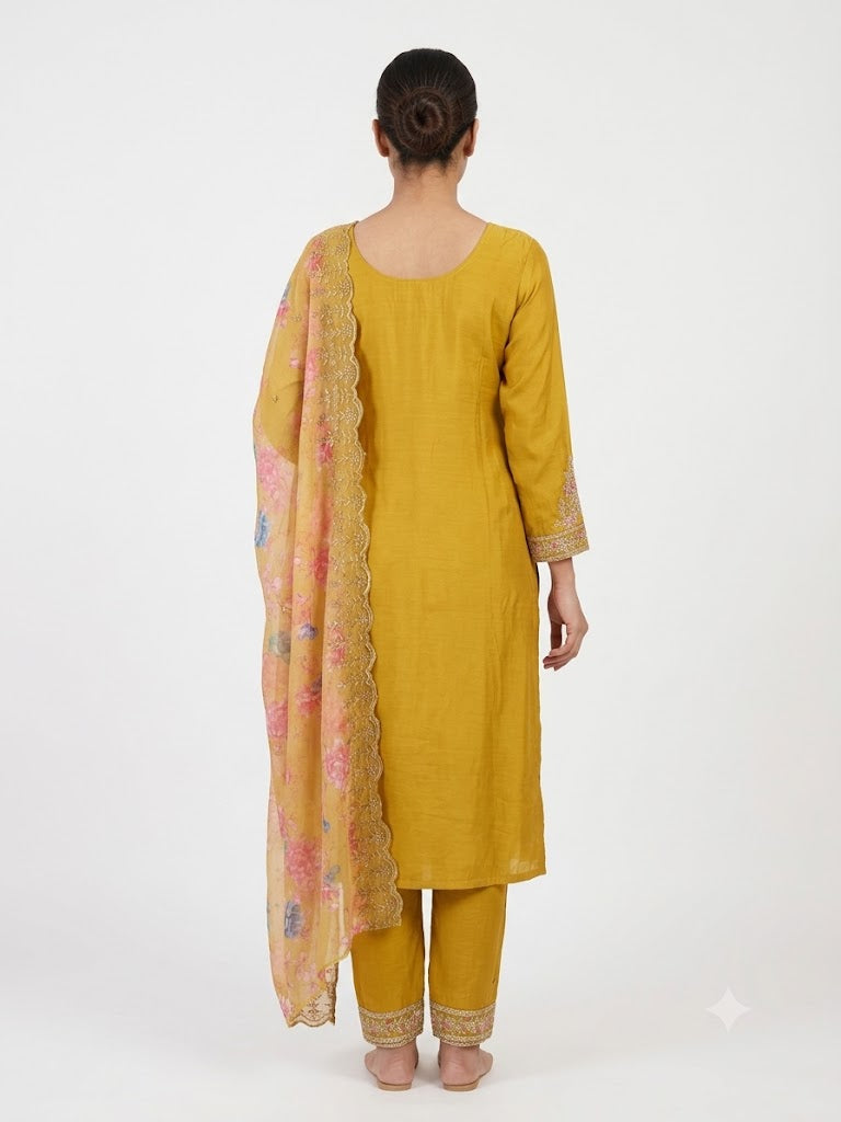 Mustard Embroidered Cotton Kurta Set with Floral Dupatta