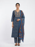 Indigo Blue Floral Printed Cotton Kurta Set with Contrast Dupatta