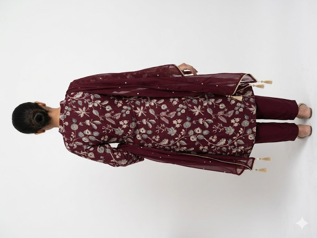 Wine Floral Printed Cotton Kurta Set with Dupatta