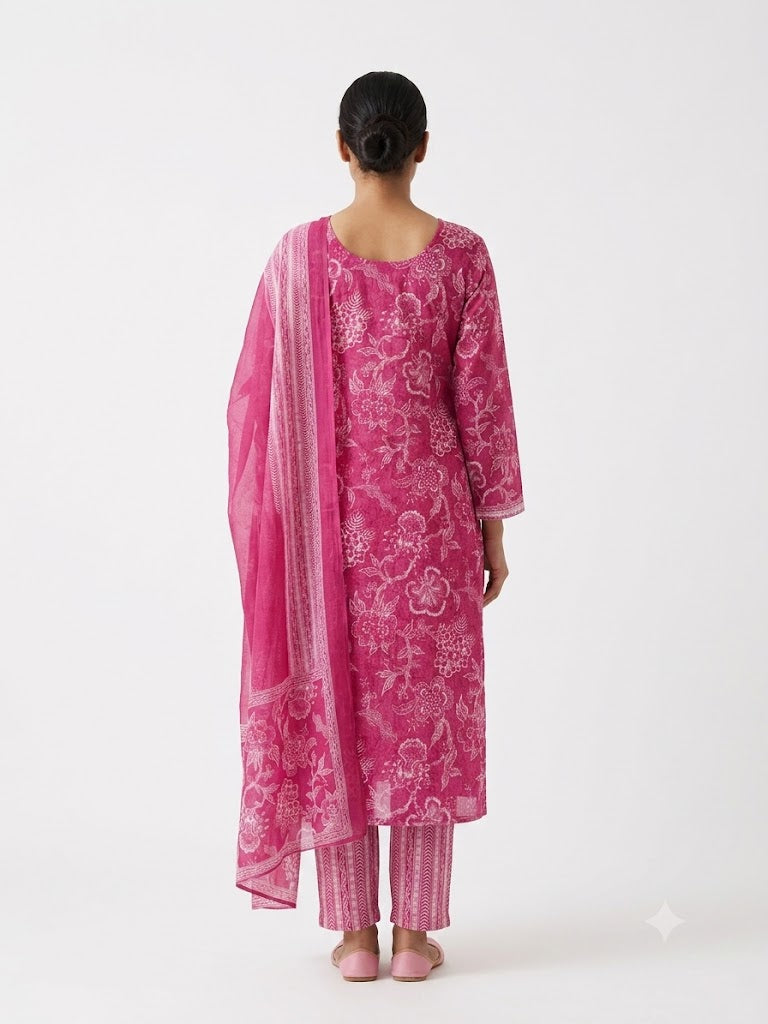 Pink Floral Printed Cotton Kurta Set with Striped Dupatta