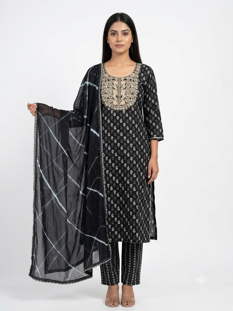 Black Embroidered Cotton Kurta Set with Chiffon Dupatta