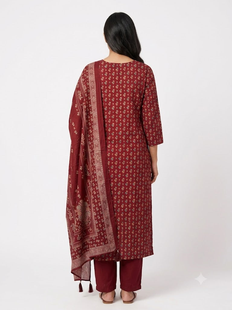Maroon Ethnic Printed Cotton Kurta Set with Dupatta