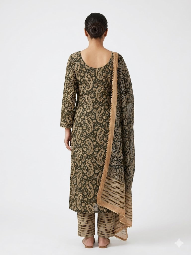 Charcoal Paisley Printed Cotton Kurta Set with Dupatta