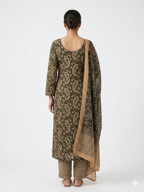 Charcoal Paisley Printed Cotton Kurta Set with Dupatta