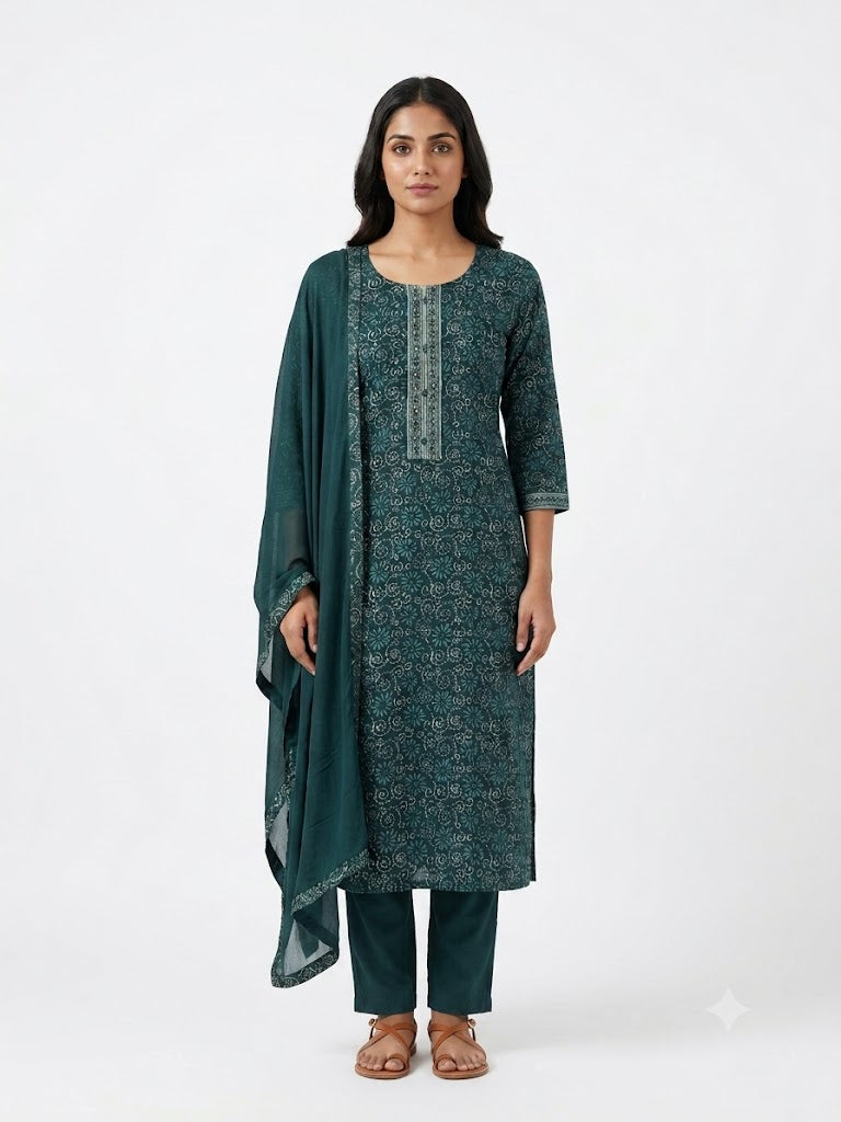 Women Deep Teal Ethnic Printed Kurta Set with Dupatta & Straight Pants | Elegant Traditional Wear