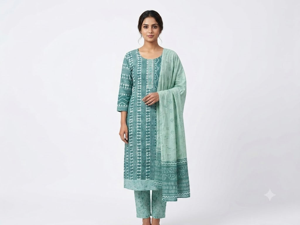 Women Mint Green Ethnic Printed Kurta Set with Dupatta & Pants | Everyday Elegance Suit Set