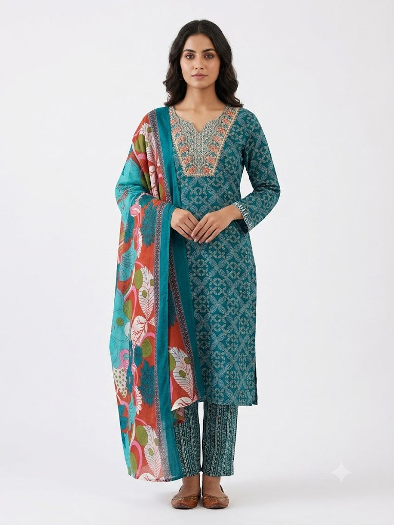 Teal Embroidered Cotton Kurta Set with Multicolor Floral Dupatta