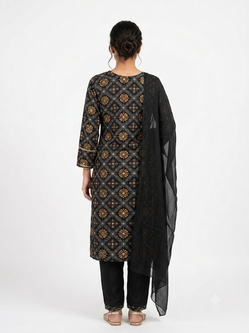 Black Geometric Printed Cotton Kurta Set with Chiffon Dupatta