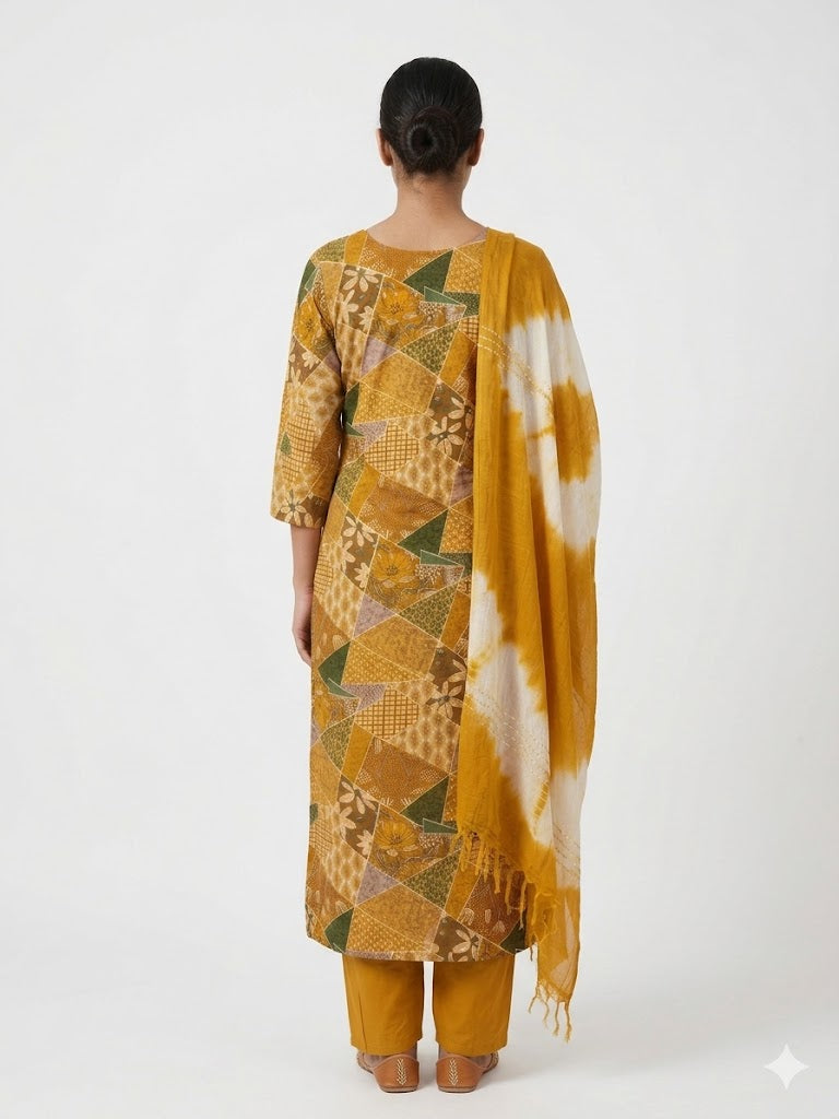 Mustard Patchwork Printed Cotton Kurta Set with Dupatta