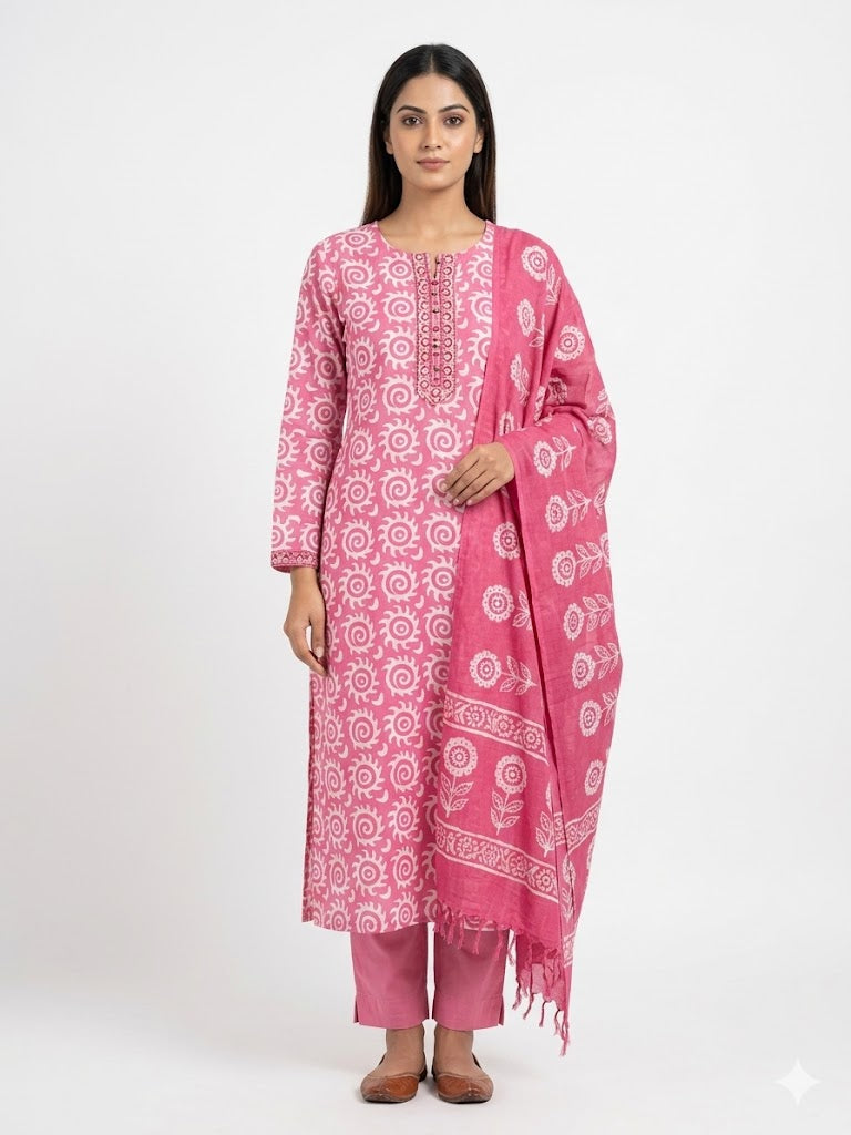 Pink Floral Printed Cotton Kurta Set with Dupatta