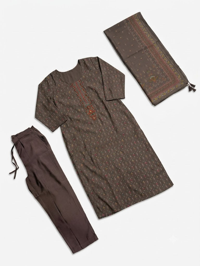 Brown Embroidered Cotton Kurta Set with Printed Dupatta