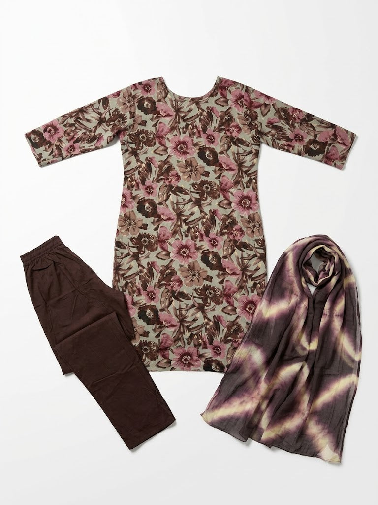 Taupe Floral Printed Cotton Kurta Set with Tie-Dye Dupatta