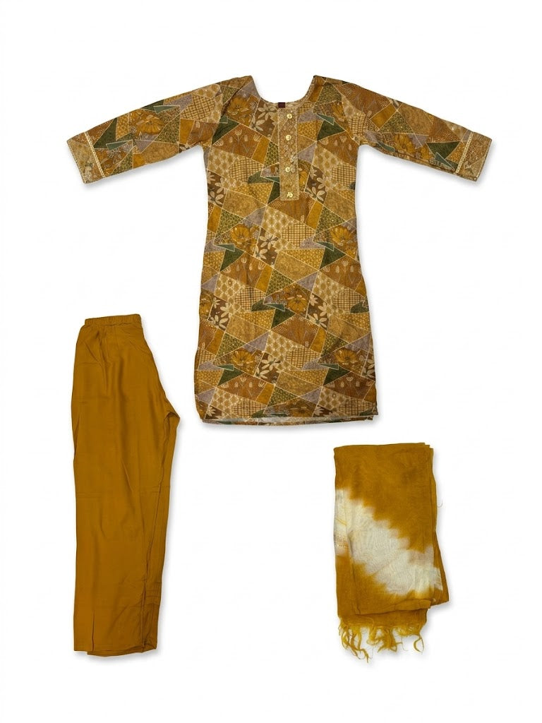 Mustard Patchwork Printed Cotton Kurta Set with Dupatta