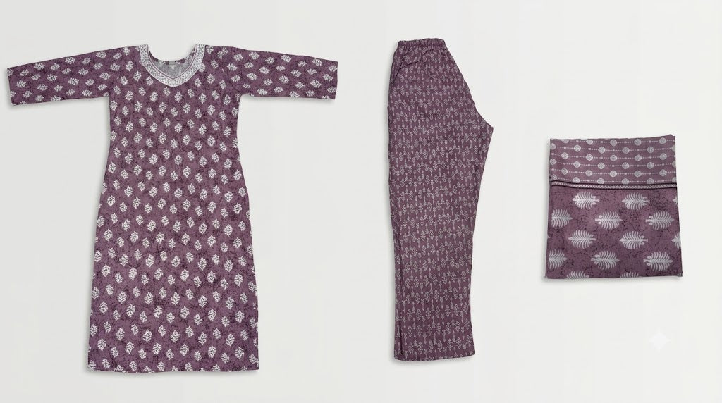 Women Mauve Pink Floral Printed Kurta Set with Dupatta & Pants | Elegant Ethnic Wear