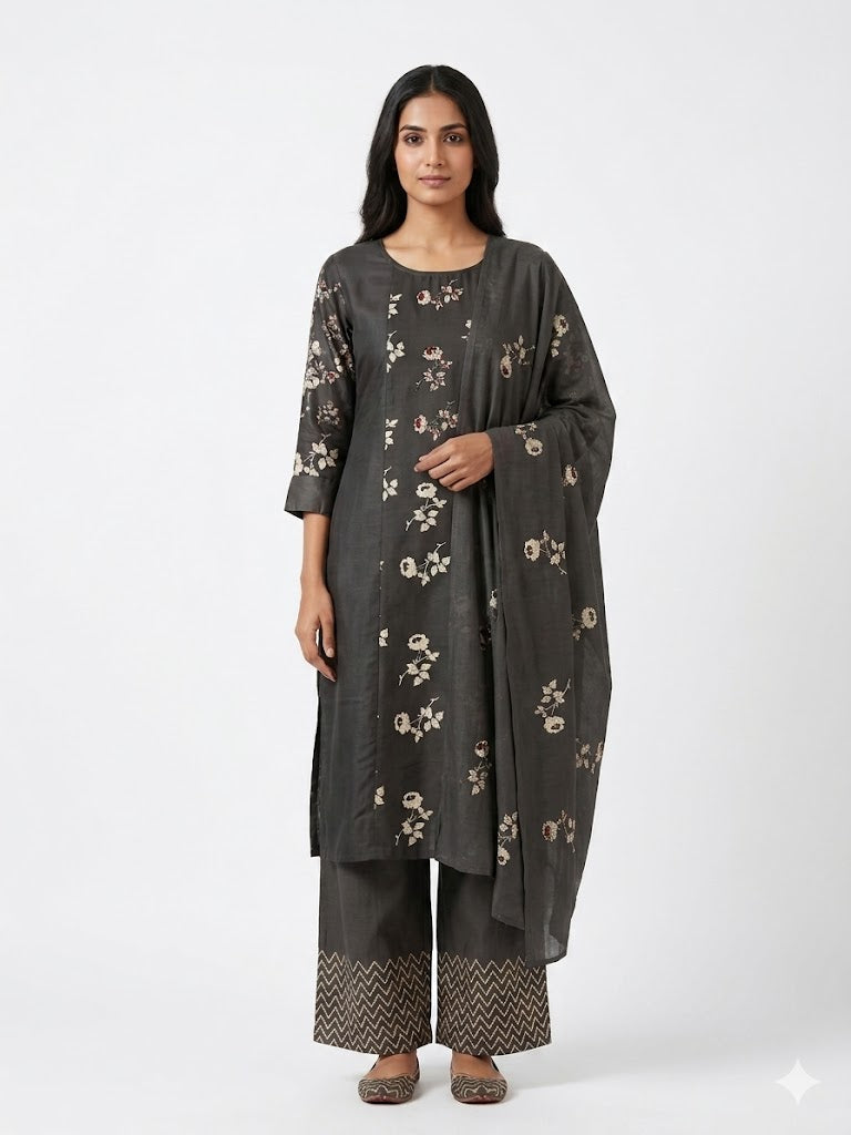 Charcoal Grey Floral Printed Cotton Kurta Set with Dupatta