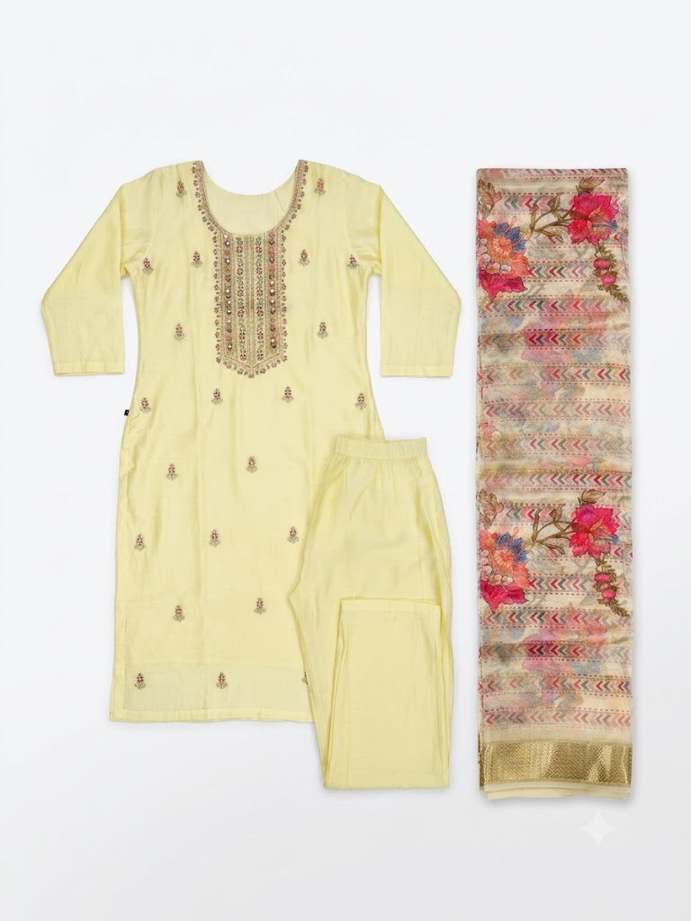 Women's Light Yellow Embroidered Kurta Pant with Floral Printed Dupatta | 3-Piece Ethnic Suit Set