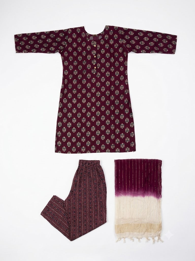 Wine Floral Printed Cotton Kurta Set with Ombre Dupatta