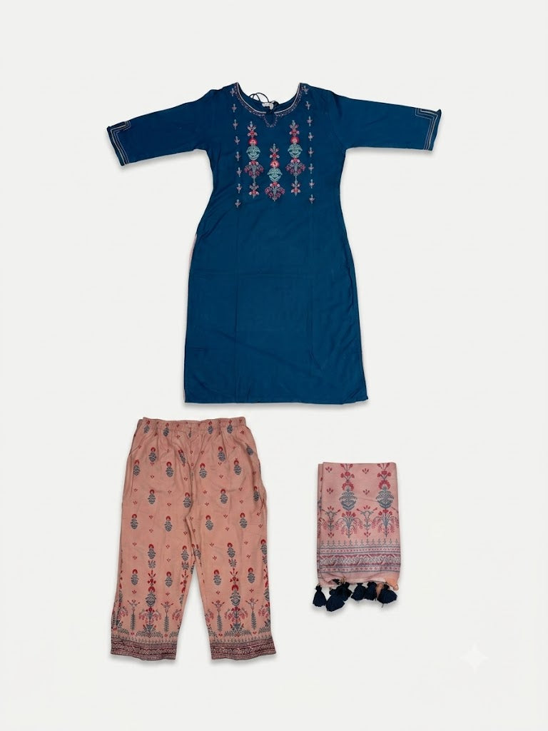 Women Teal Blue Embroidered Kurta Set with Peach Dupatta | Elegant Ethnic Wear