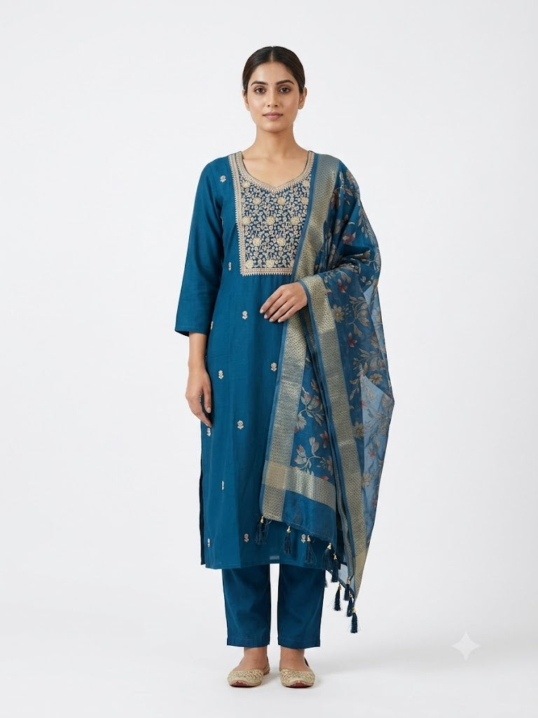 Women's Teal Blue Embroidered Straight Kurta Pant & Dupatta Set