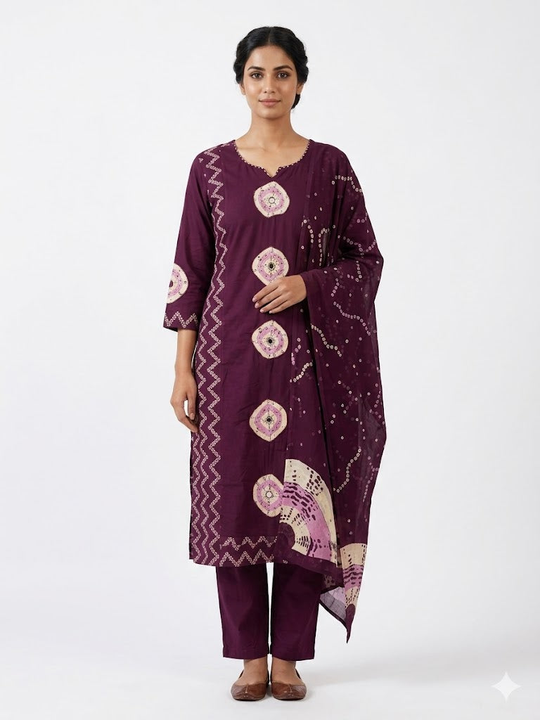 Plum Abstract Printed Cotton Kurta Set with Dupatta