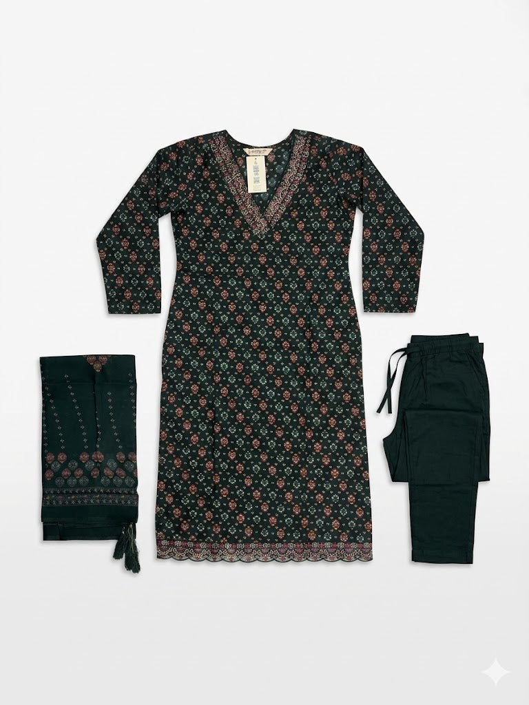 Dark Green Floral Printed Cotton Kurta Set with Dupatta