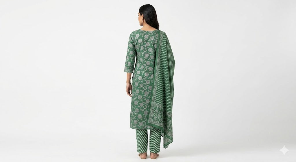 Sage Green Floral Printed Cotton Kurta Set with Dupatta