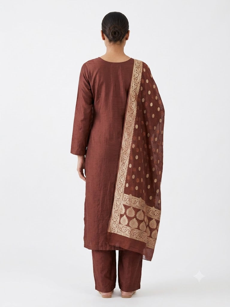 Rust Brown Embroidered Cotton Kurta Set with Jacquard Dupatta