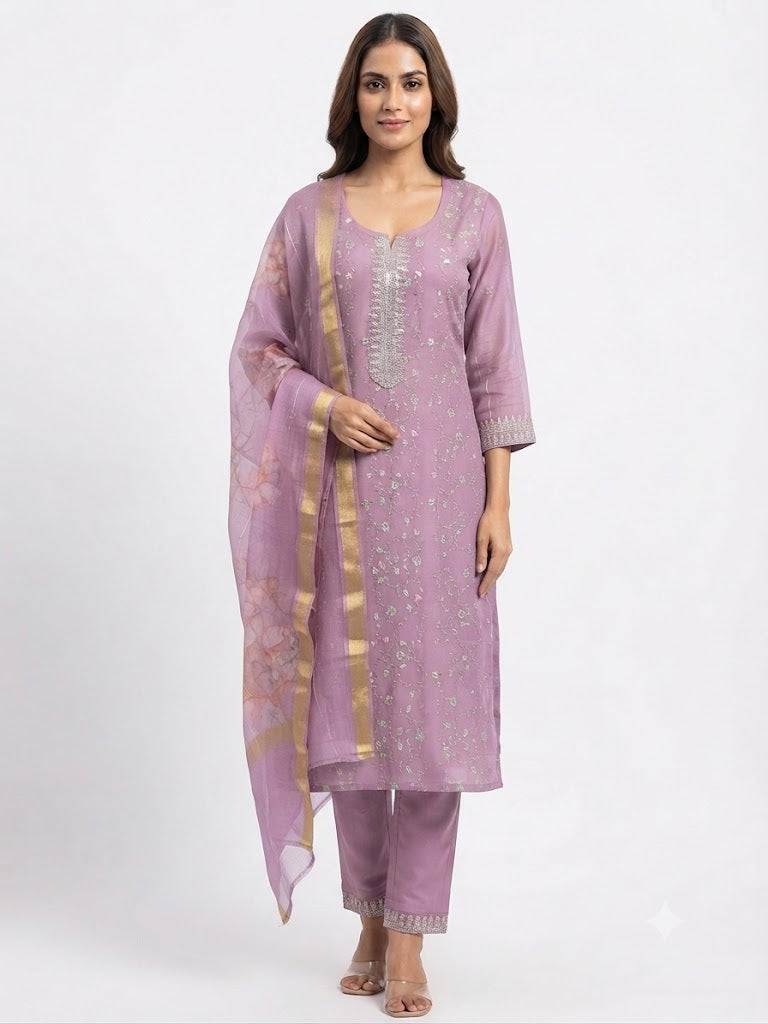 Lavender Embroidered Cotton Kurta Set with Organza Dupatta