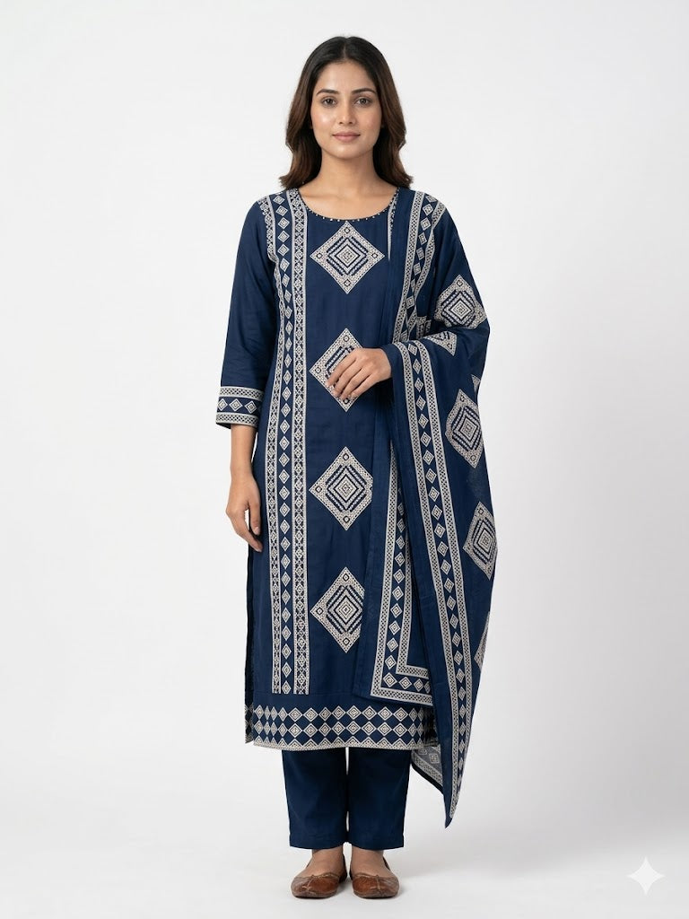 Women Navy Blue Geometric Printed Kurta Set with Dupatta & Pants | Traditional Ethnic Suit