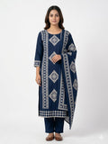 Women Navy Blue Geometric Printed Kurta Set with Dupatta & Pants | Traditional Ethnic Suit