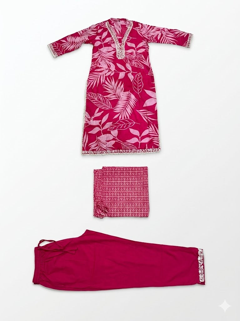Fuchsia Pink Printed Cotton Kurta Set with Dupatta