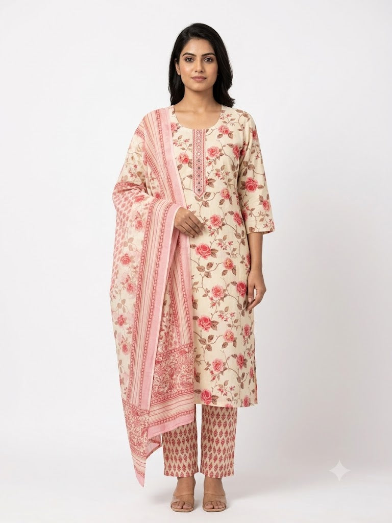 Ivory Floral Printed Cotton Kurta Set with Dupatta