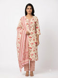 Ivory Floral Printed Cotton Kurta Set with Dupatta