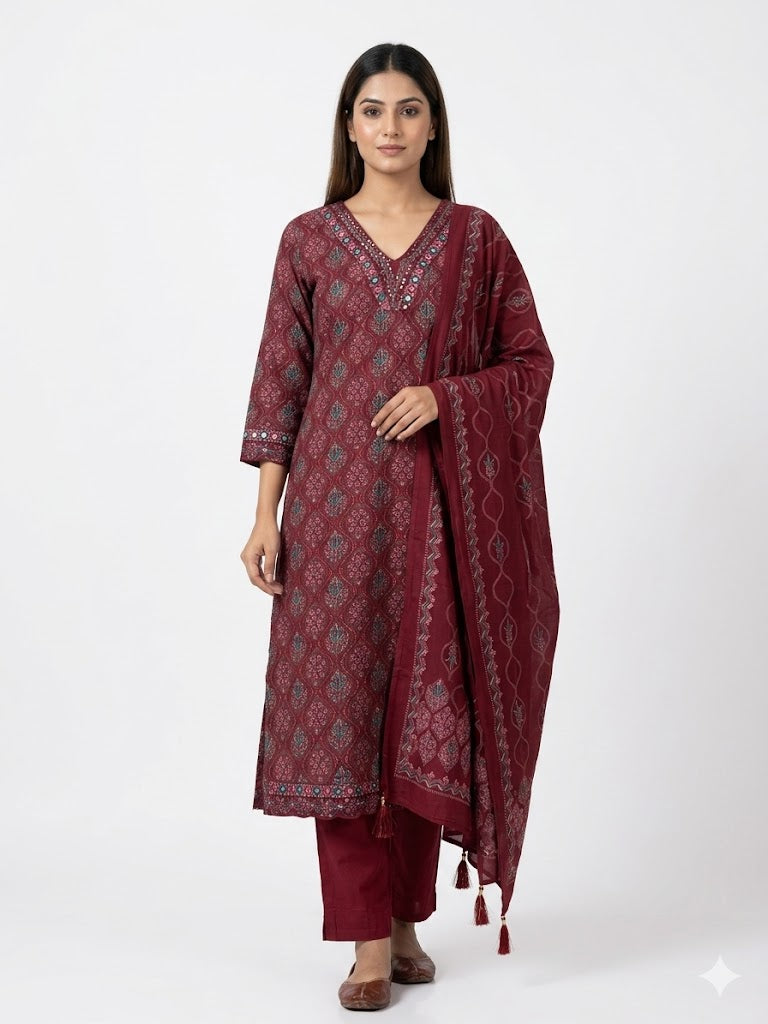 Maroon Floral Printed Cotton Kurta Set with Dupatta