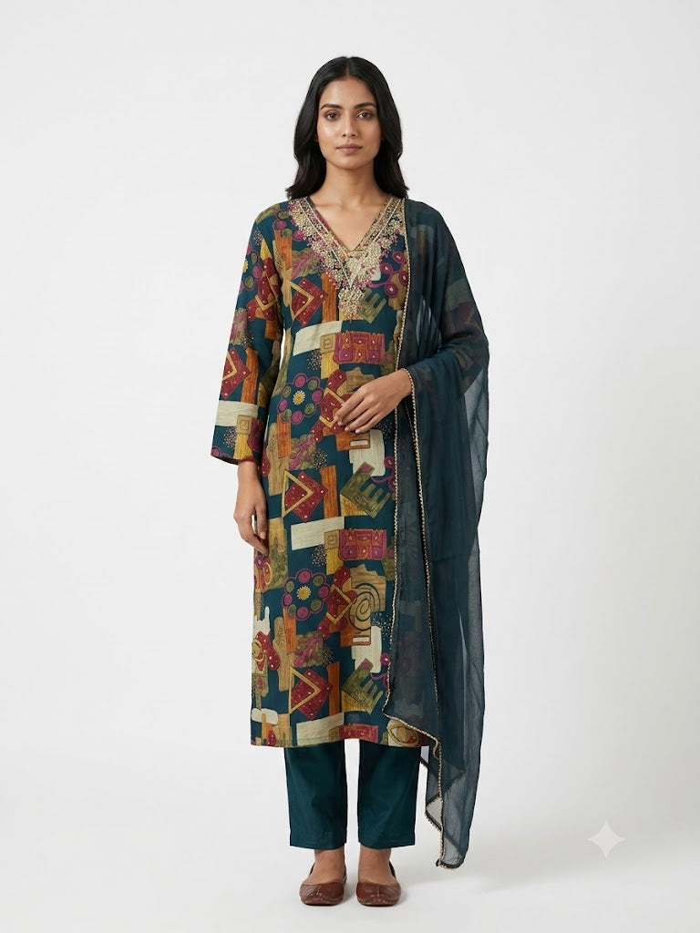 Multicolor Patchwork Printed Cotton Kurta Set with Dupatta  Category