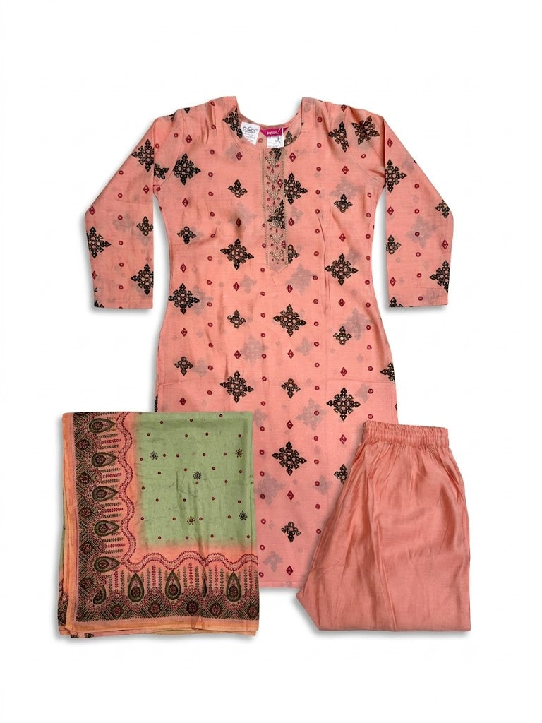 Peach Ethnic Printed Cotton Kurta Set with Contrast Dupatta