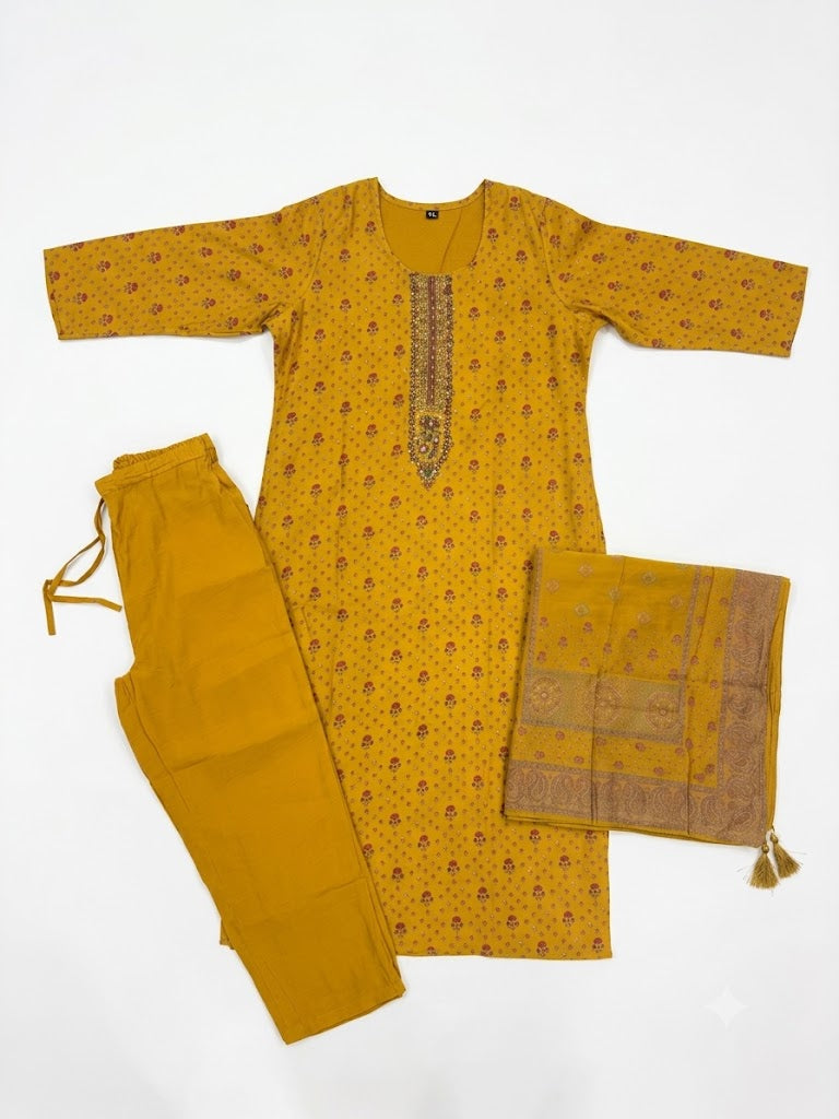 Mustard Buti Printed Cotton Kurta Set with Dupatta